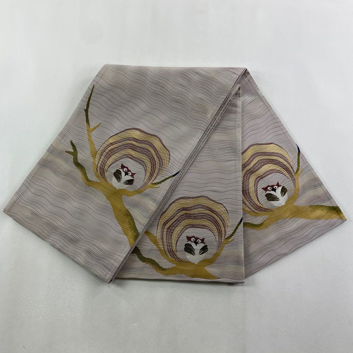 【美品】 袋帶 逸品級 貓頭鷹 霞 金銀彩 拉麵絲 淺紫色 大鼓圖案 純蠶絲