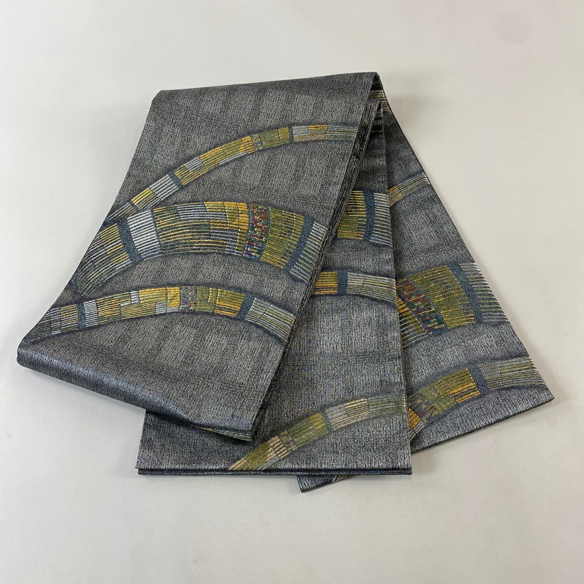 【美品】 袋帶 名品級 幾何學 金銀彩 金金箔 灰 深藍 六通 純蠶絲