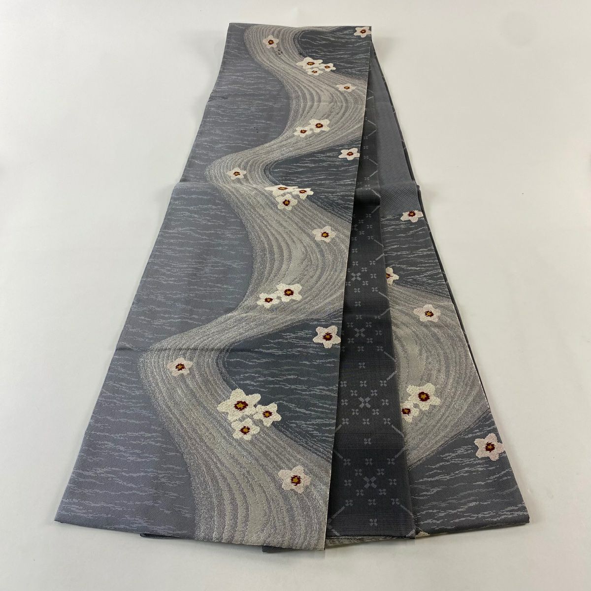袋帶 名品級 大和 梅花 流水 刺繡 灰 深藍 六通 純蠶絲