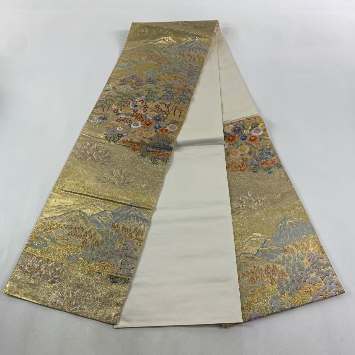 袋帶 秀品級 關西仕立 松樹竹子梅花 鳥 金絲 金金箔 金色 六通 純蠶絲