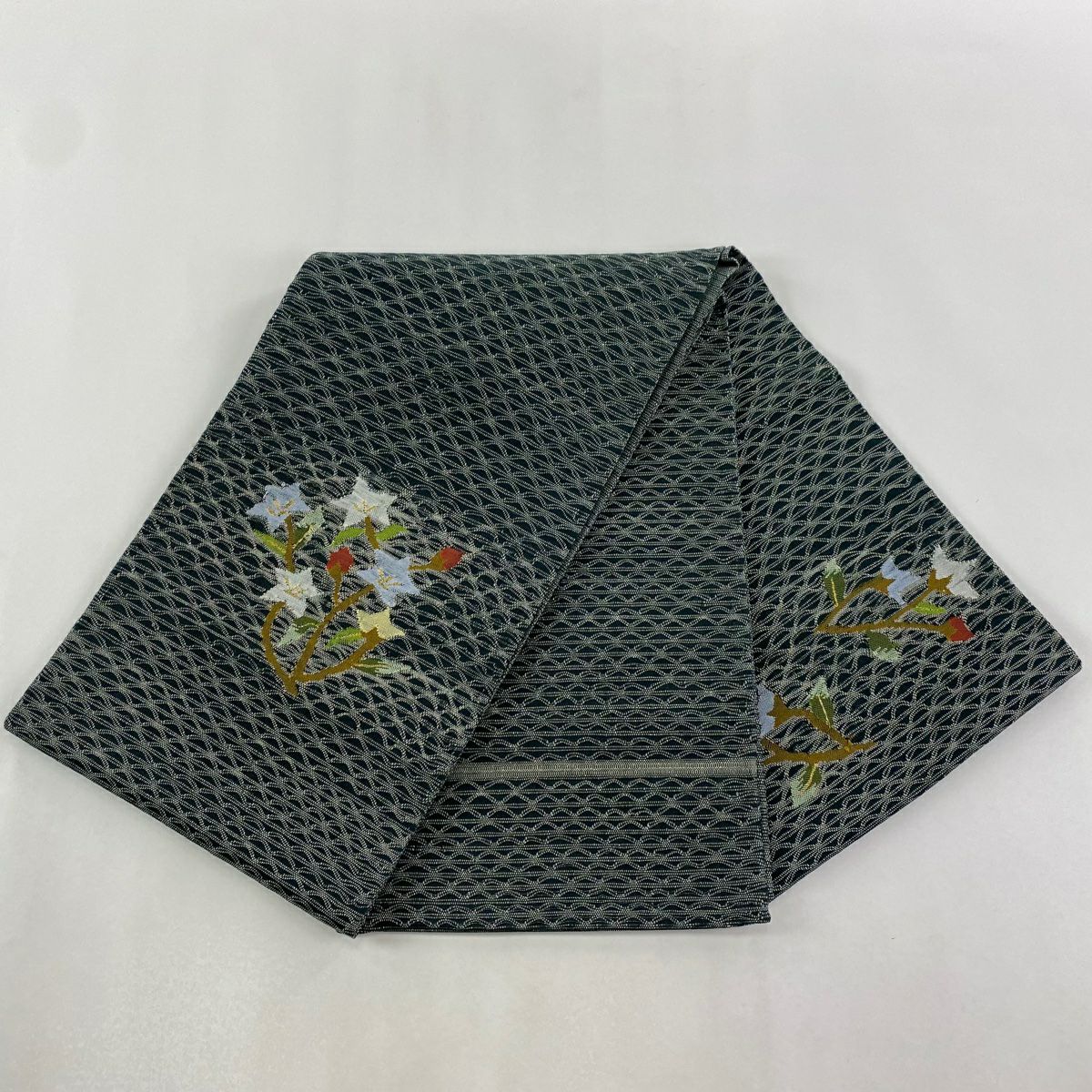 袋帶 秀品級 草花紋紋 金金箔 深綠 お太鼓柄 純蠶絲