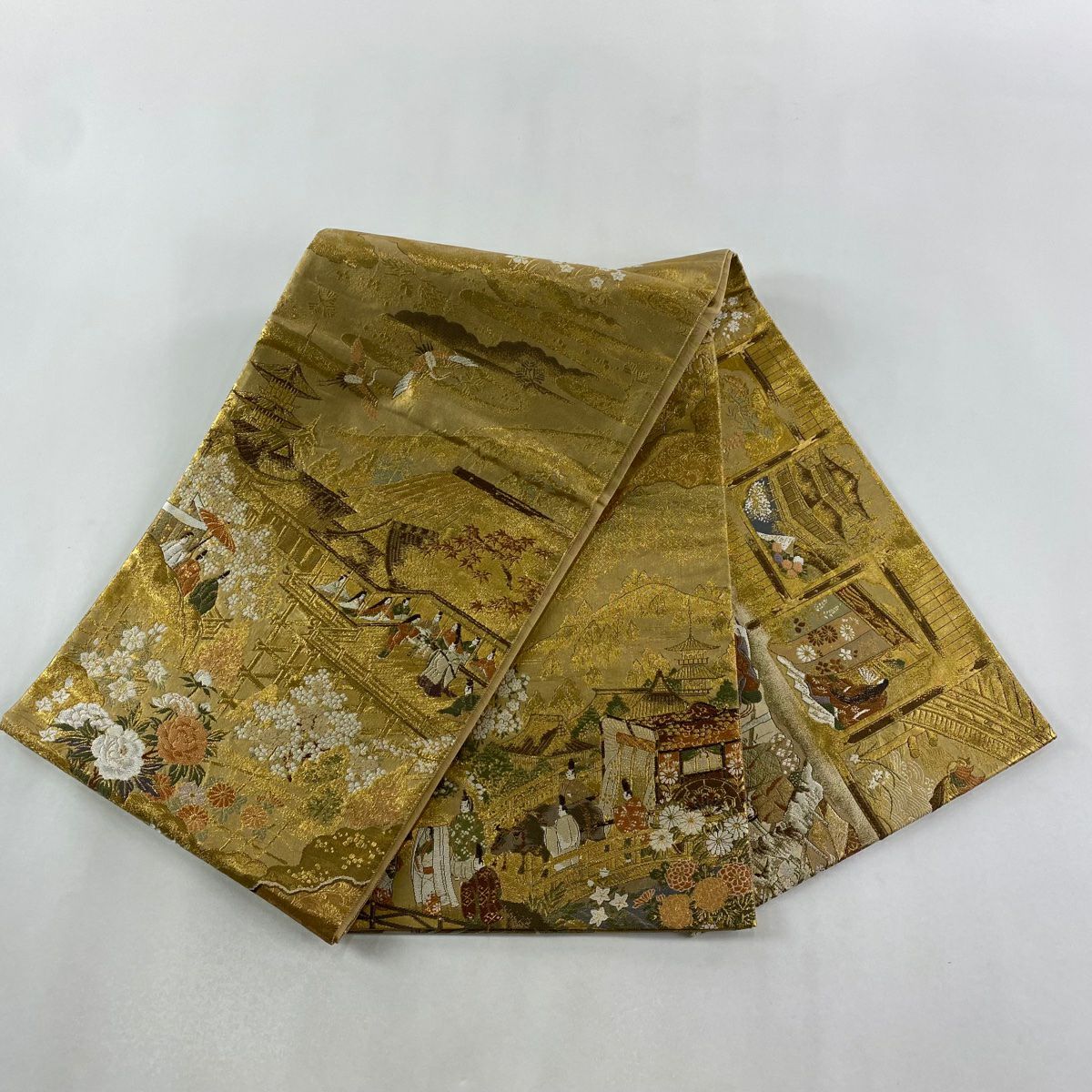 袋帶 秀品級 風景 人物 金絲 金金箔 金色 大鼓圖案 純蠶絲