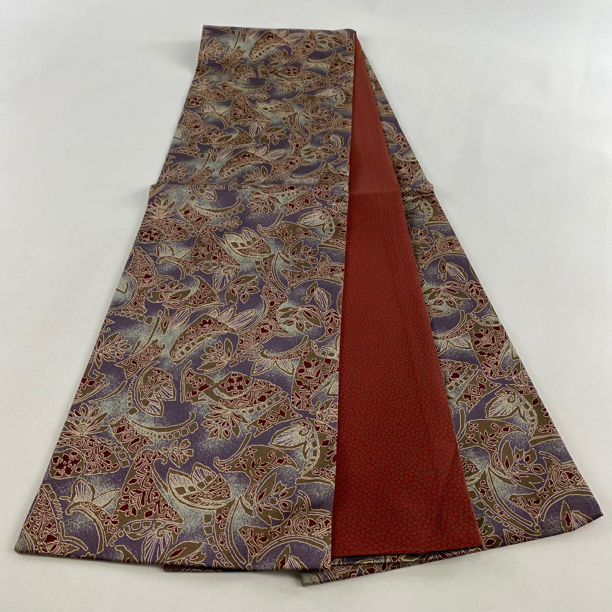 【美品】 袋帶 名品級 草花紋 紫 全通 純蠶絲