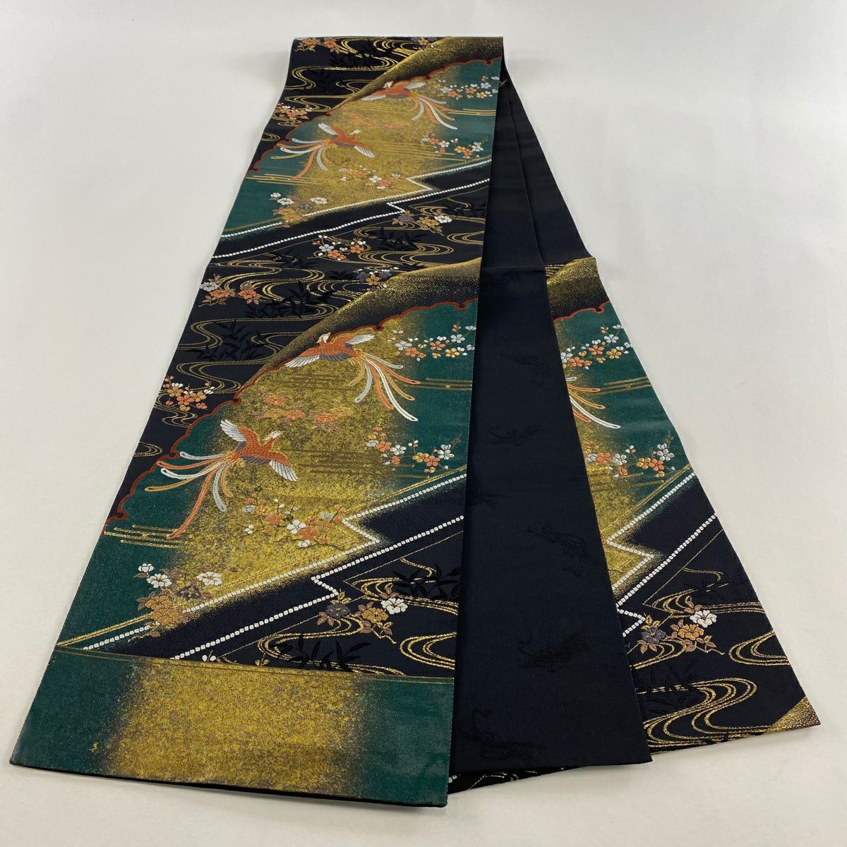 袋帶 名品級 花鳥 雪輪 金銀糸 刺繡 黑 六通 純蠶絲