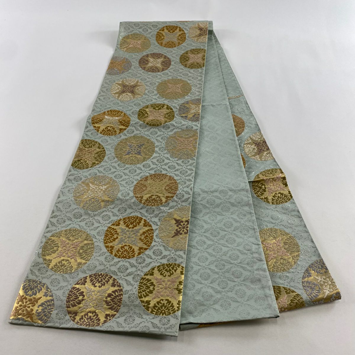 袋帶 名品級 圓文 草花紋刺繡 金金箔 灰綠 六通 純蠶絲