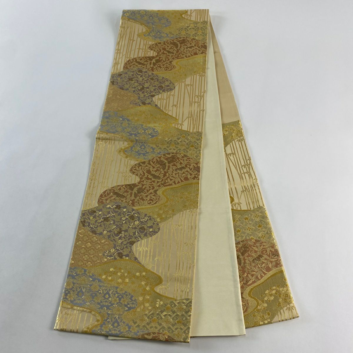 【美品】 袋帶 秀品級 花鳥 竹子 金金箔 米色 六通 純蠶絲