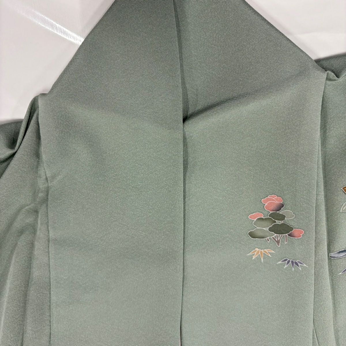 【美品】訪問服 身長153cm 袖長63cm S 雙層 落款あり 建物 松樹竹子梅花 漸層 灰綠 純蠶絲 秀品級