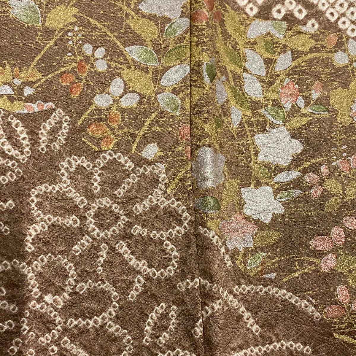 訪問服 身長162.5cm 袖長67cm M 雙層 葉與果實 草花紋紋 絞染 刺繡 粉紅 純蠶絲 優品級