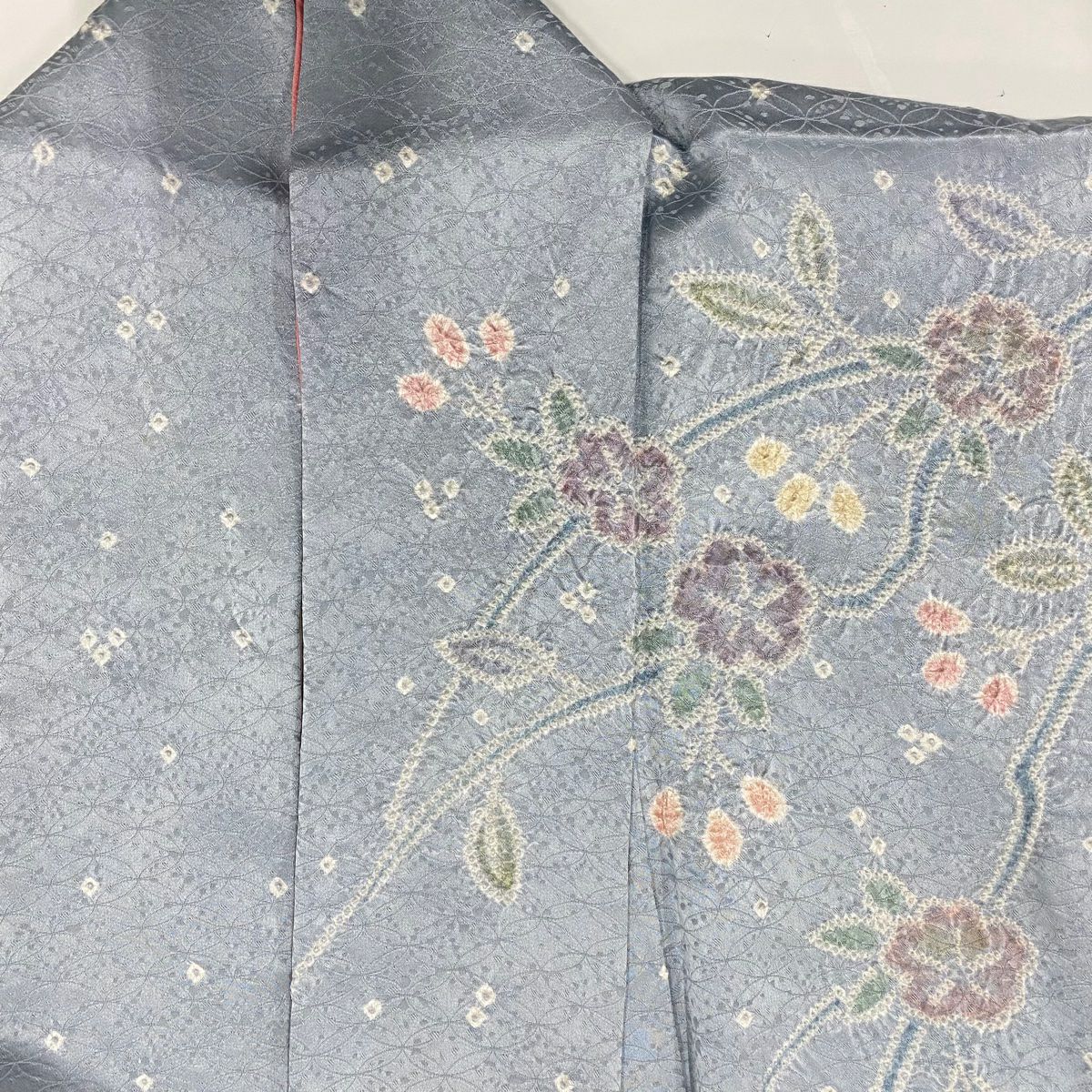 訪問服 身長159cm 袖長62cm S 雙層 櫻花 幾何圖案 絞染 漸層 青灰 純蠶絲 名品級