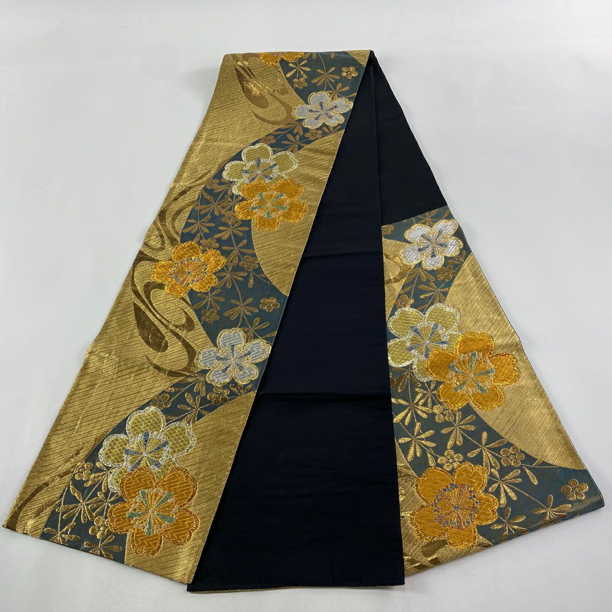 【美品】 袋帶 秀品級櫻花梅花金銀線金金箔金色六通純蠶絲