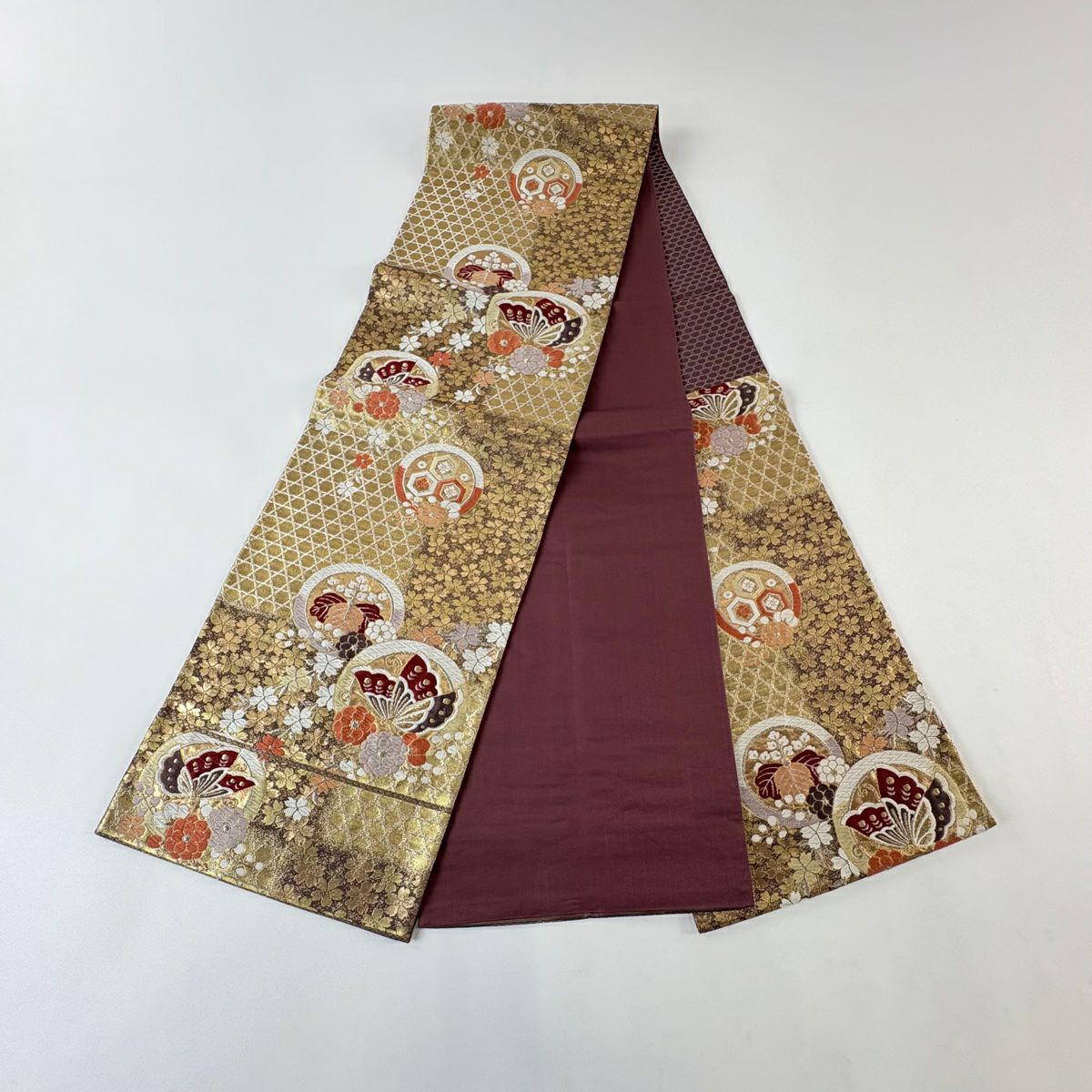 【美品】 袋帶 秀品級 關西仕立 雛蝶 桐 金金箔 金銀彩 金色 六通 純蠶絲