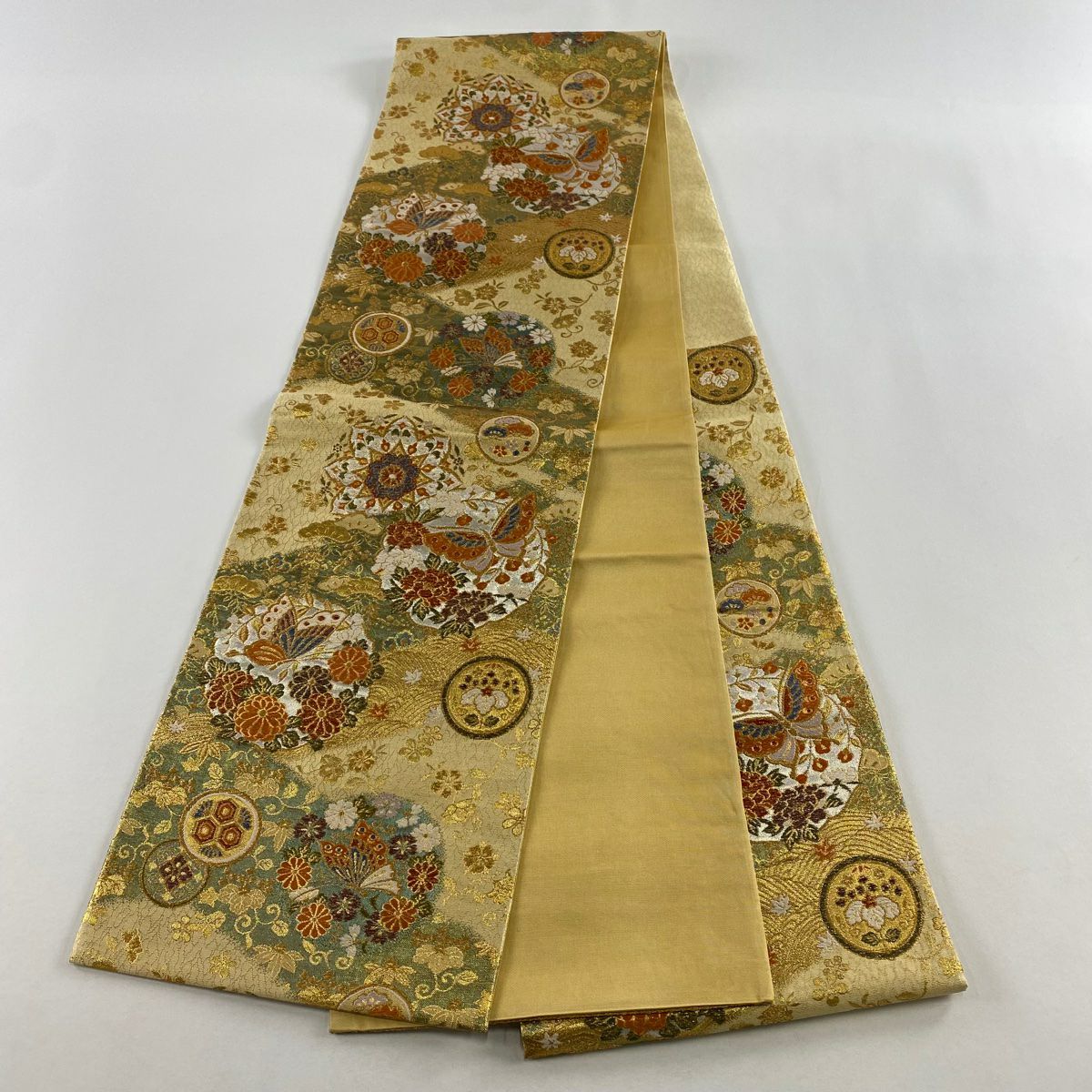 【美品】 袋帶 秀品級 蝶 草花紋 金絲 金金箔 金色 六通 純蠶絲