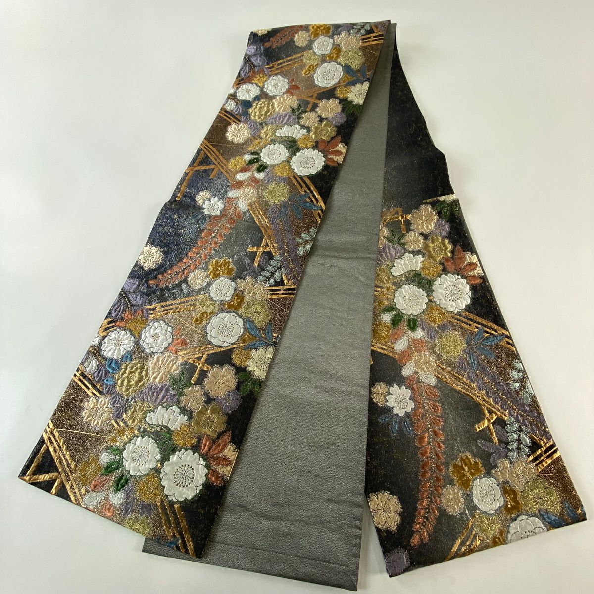 【美品】 袋帶 秀品級 草花紋紋 橋 金金箔 深藍 六通 純蠶絲