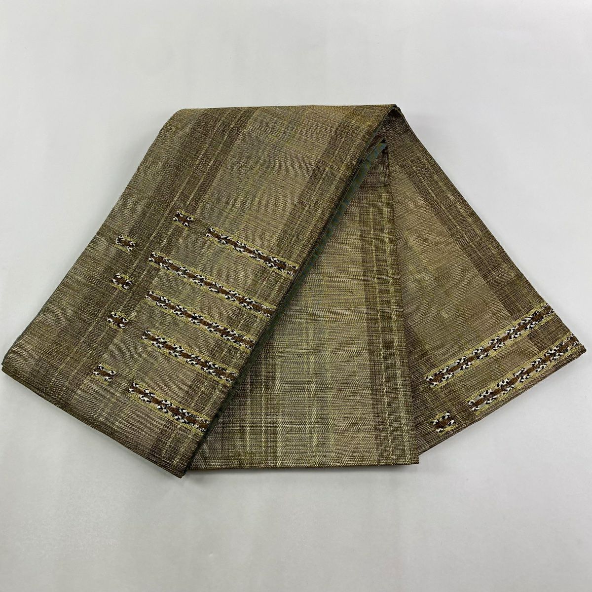 【美品】 袋帶 秀品級 段紋 幾何學 金絲 金茶 大鼓圖案 純蠶絲