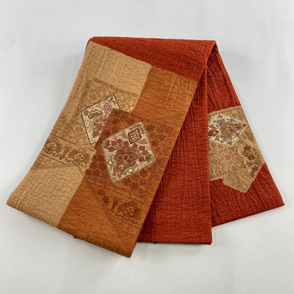【美品】 袋帶 秀品級 草花紋刺繡 金線 朱紅色 大鼓圖案 純蠶絲