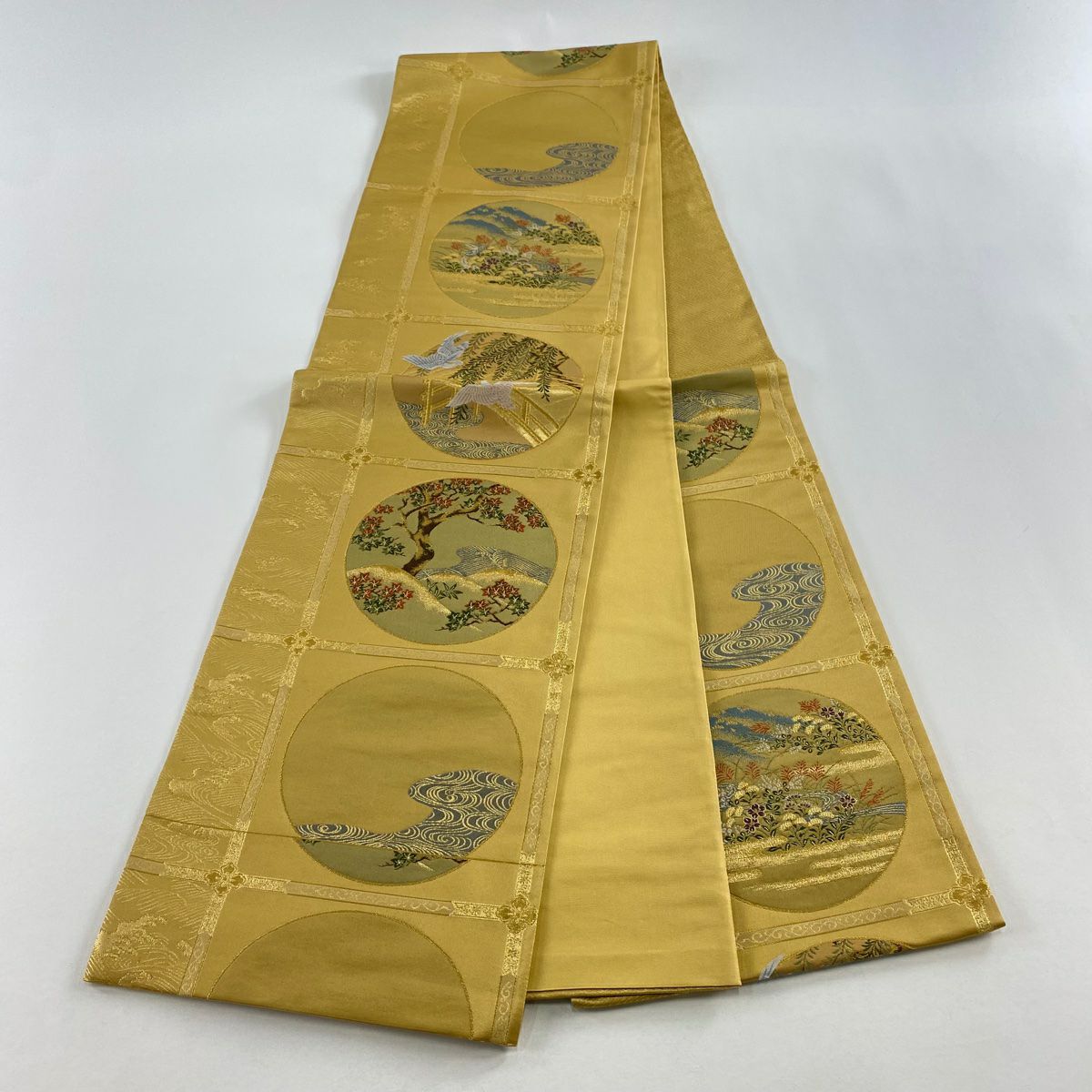 【美品】 袋帶 秀品級 風景 鳥 金絲 金金箔 金色 六通 純蠶絲