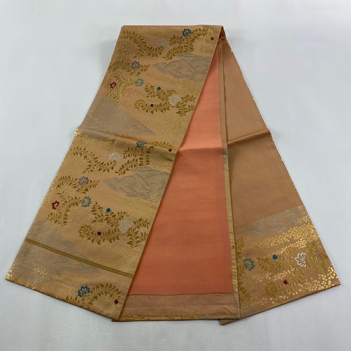 【美品】 開口名古屋帶 優品級 草花紋紋 波紋 金絲 淺茶 純蠶絲