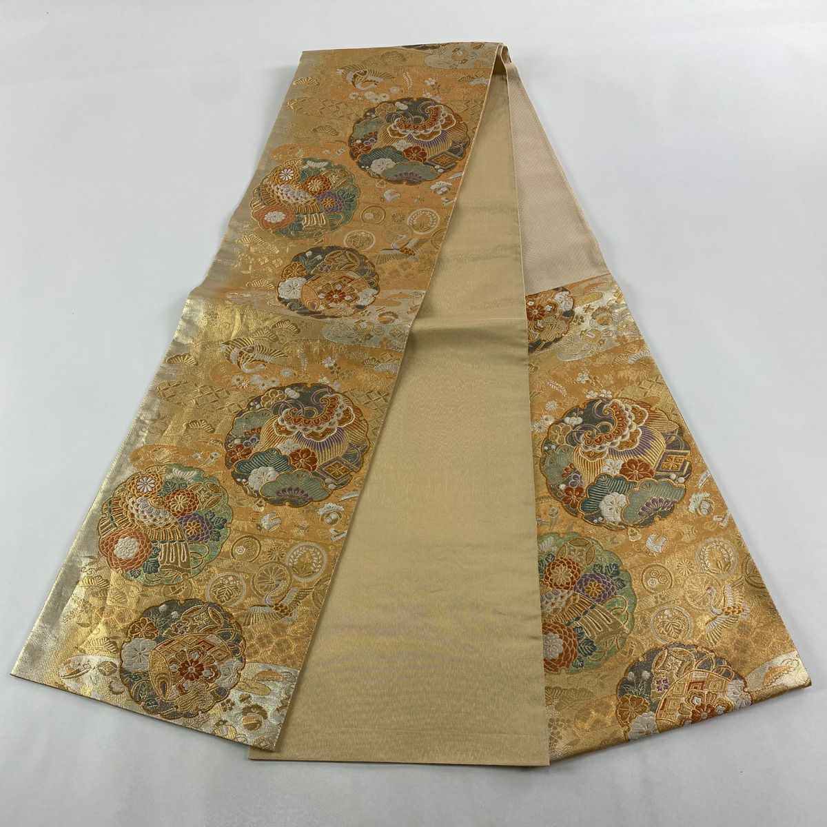 【美品】 袋帶 秀品級 鏡裏寶雅 雪輪 花鳥 金糸 金金箔 薄橙 六通 純蠶絲