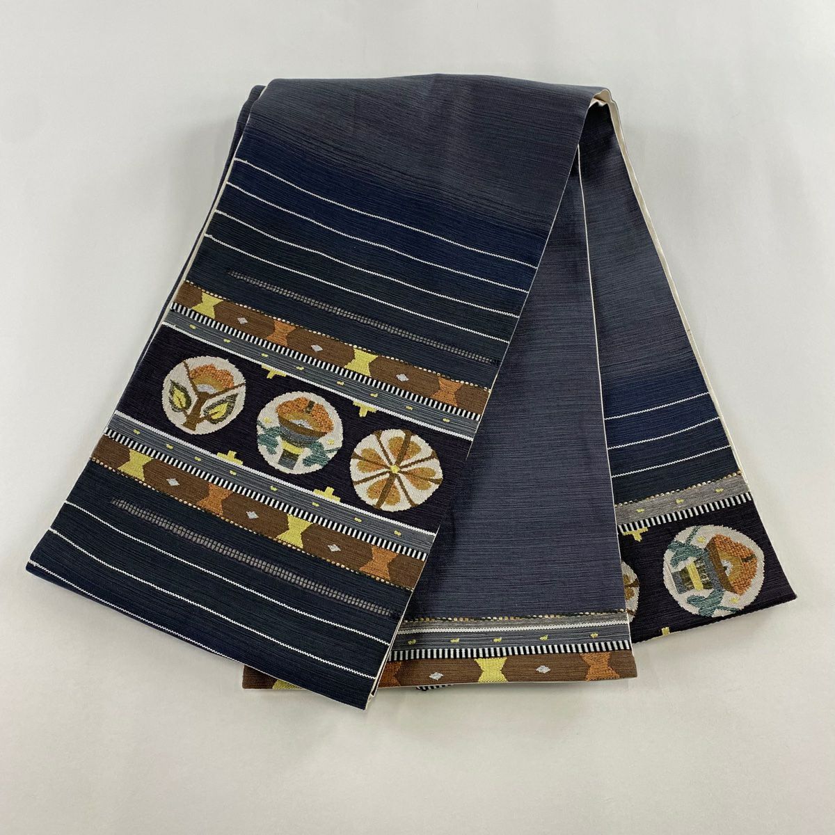 【美品】 袋帶 秀品級 縞 幾何學圖案 青灰 純蠶絲