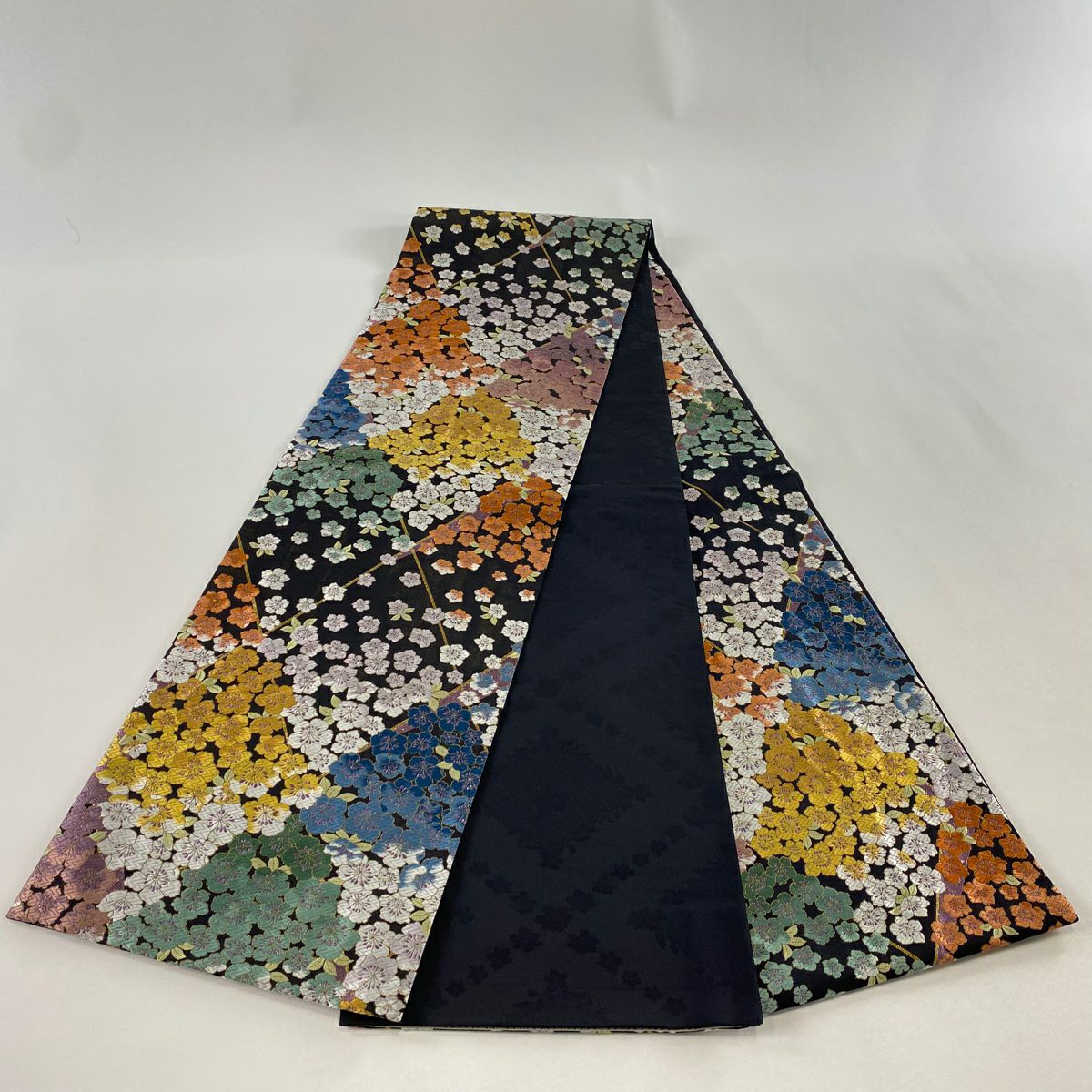 袋帶 名品級 草花紋刺繡 金金箔 黑 全通 純蠶絲