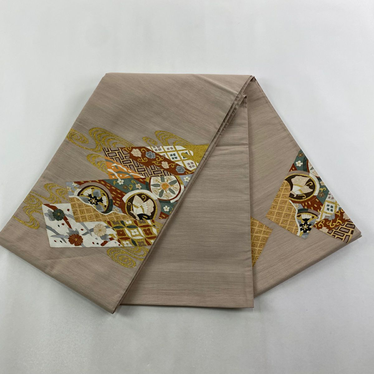 【美品】 袋帶 逸品級 圓文 観世水 金絲 淺小豆 大鼓圖案 純蠶絲