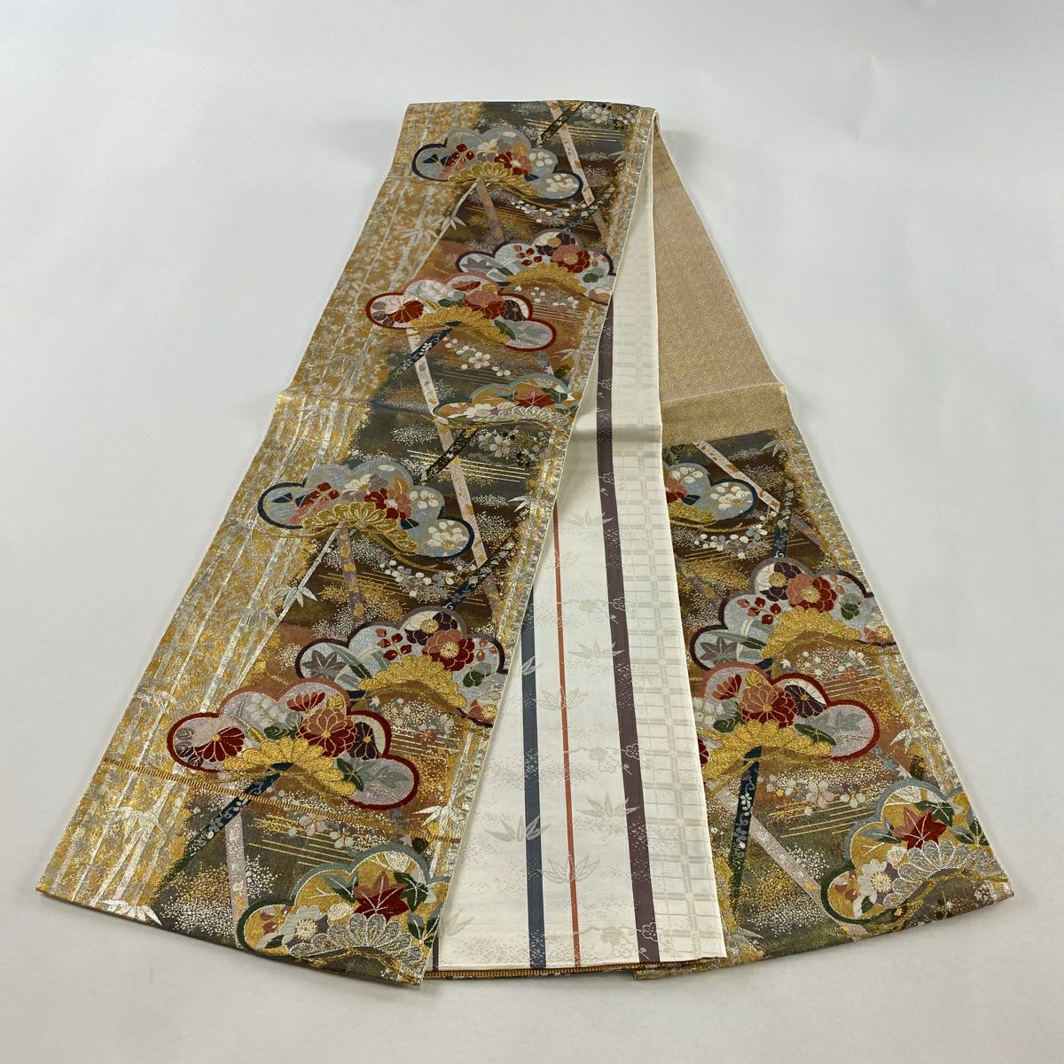 【美品】 袋帶 秀品級 松樹竹子梅花 霞 金銀絲 金金箔 鮭粉色 六通 純蠶絲