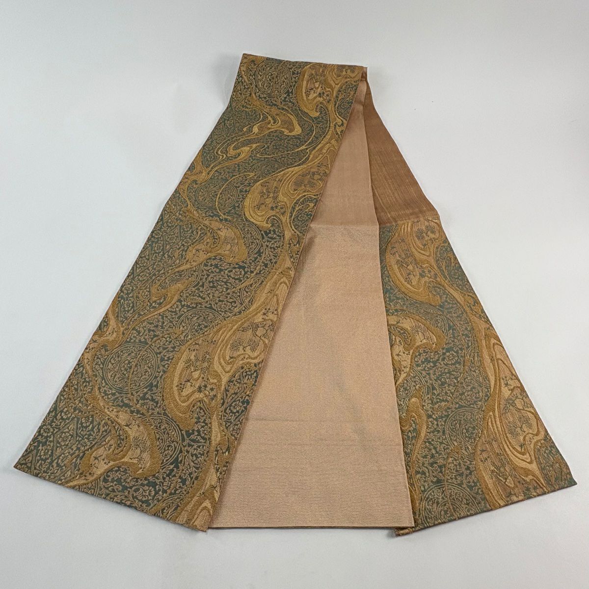 【美品】 袋帶 秀品級 草花紋紋 鳥 金絲 灰綠 六通 純蠶絲