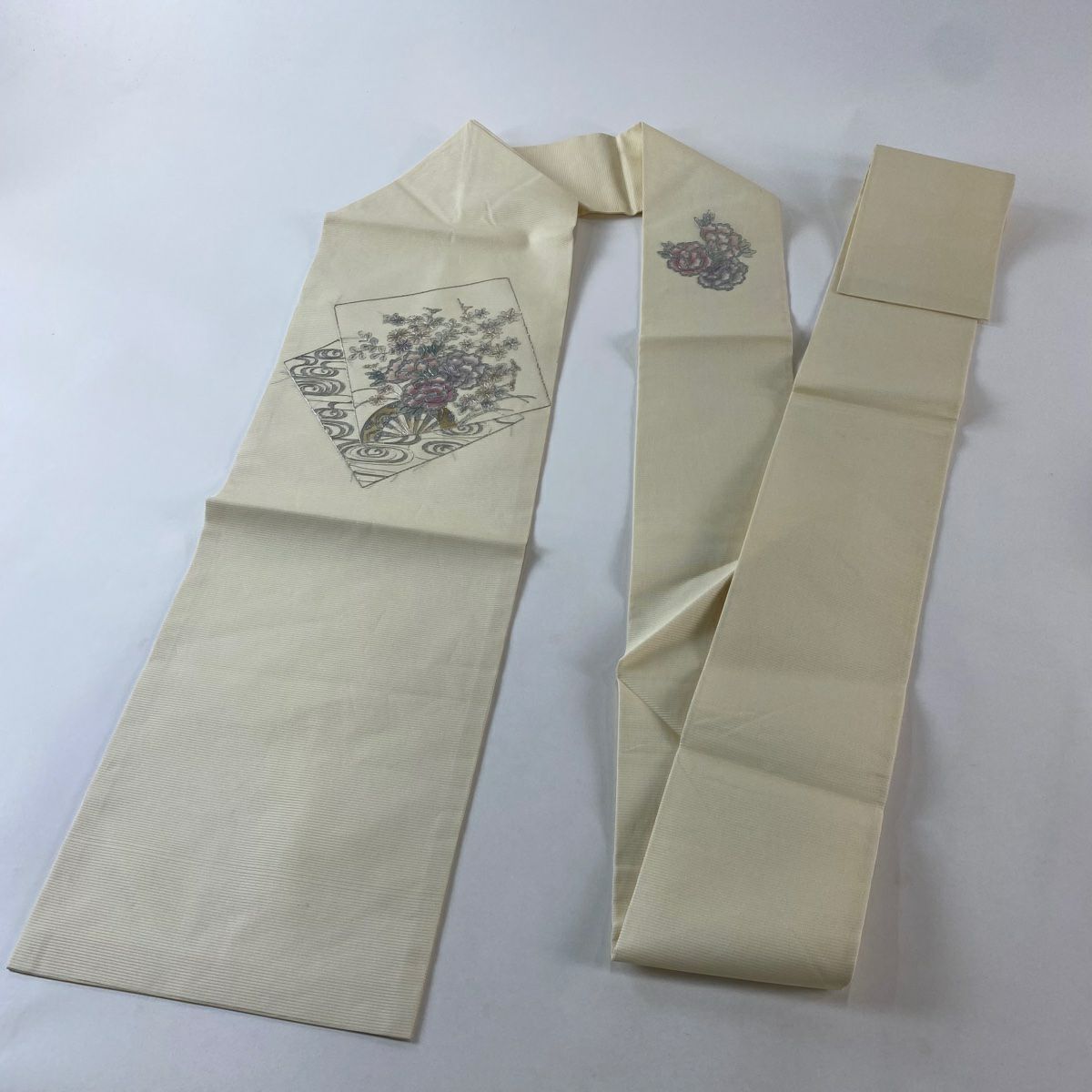名古屋帶 優品級 夏帶 色紙 花車 銀絲 金銀彩 奶油色 純蠶絲