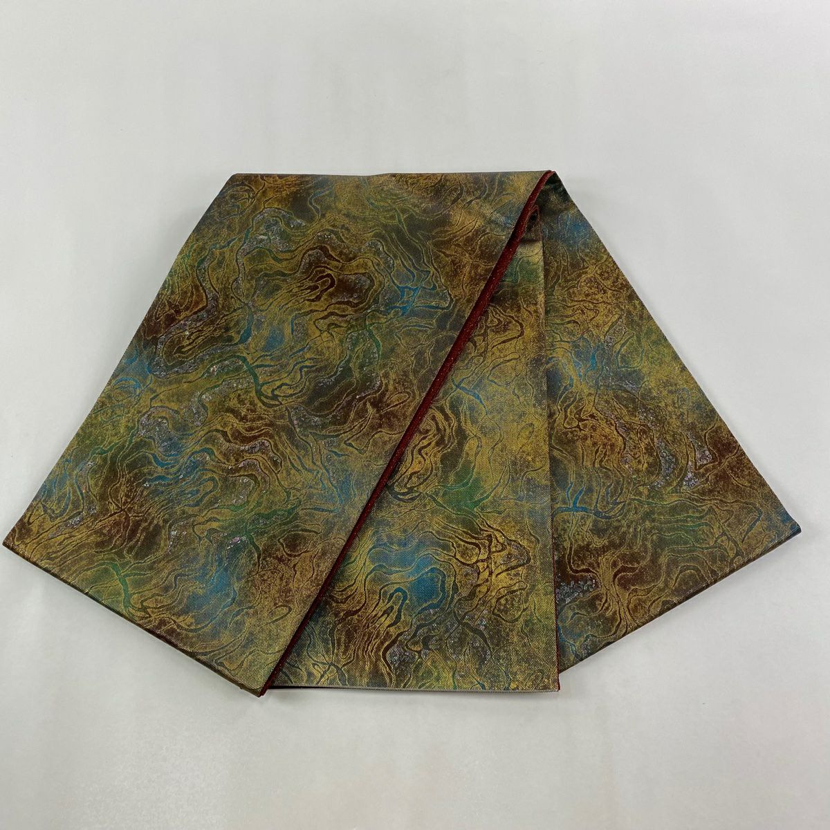 【美品】 袋帶 逸品級 落款あり 伝統金金箔匠 木村幸啓 幾何學圖案 金金箔 茶綠 お太鼓柄 純蠶絲