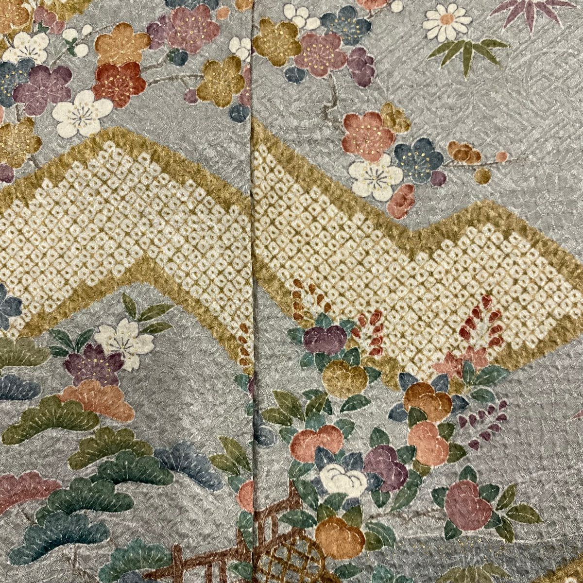 訪問服 身長161.5cm 袖長66.5cm M 雙層 松樹竹子梅花 流水 絞染 金彩裝飾 青灰 純蠶絲 秀品級