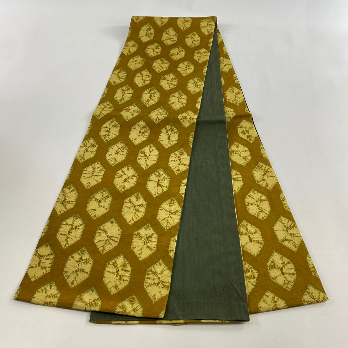 【美品】 袋帶 秀品級 幾何學 絞染 黃土 深藍 純蠶絲