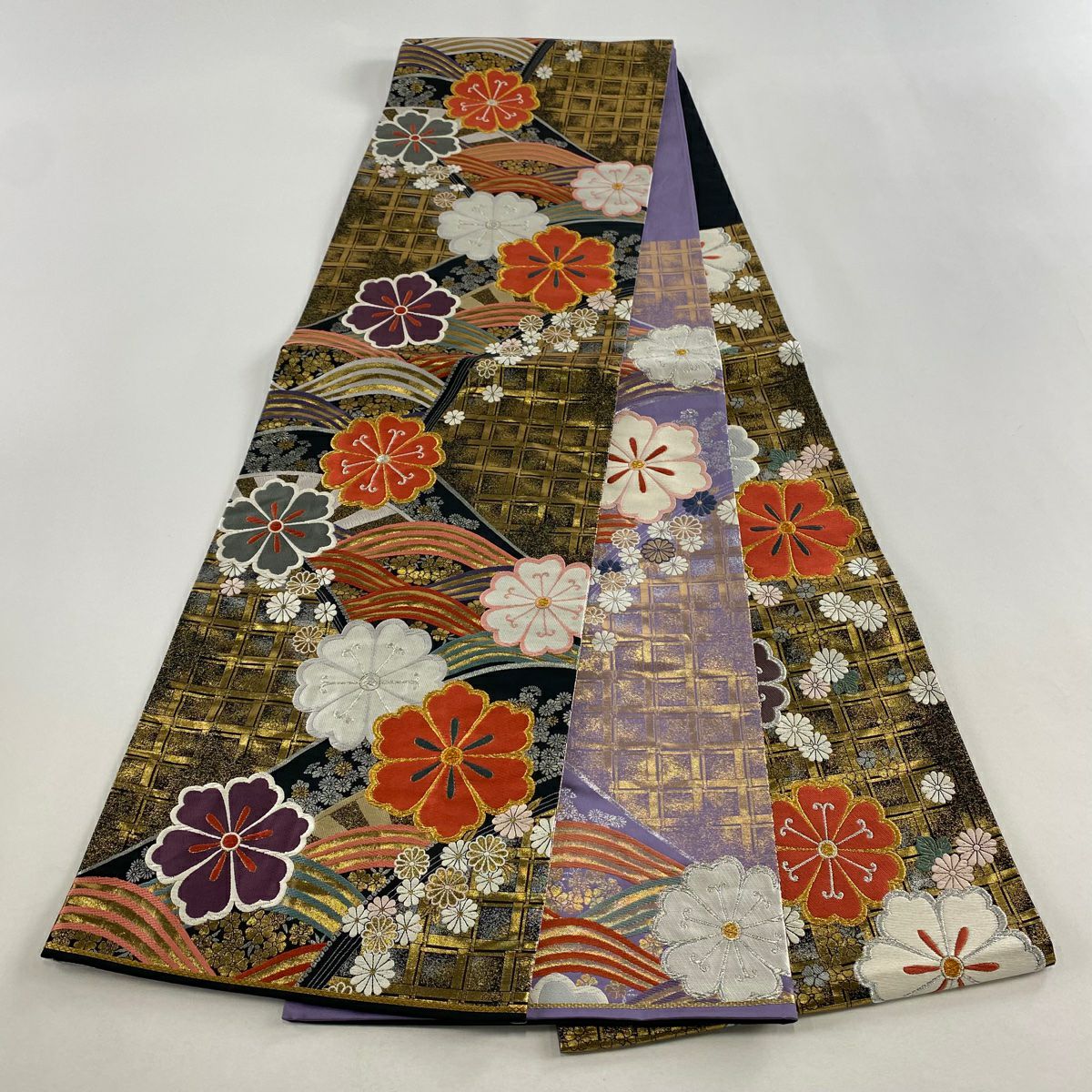 【美品】 袋帶 秀品級 花紋 波 金銀線 金金箔 金色 六通 純蠶絲