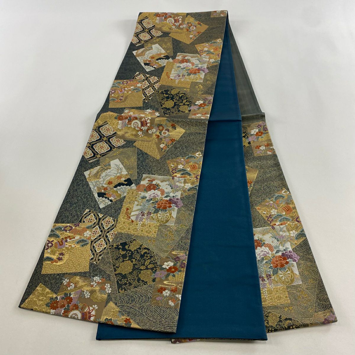 【美品】 袋帶 秀品級 色紙 花車 金金箔 金絲 灰色 六通 純蠶絲