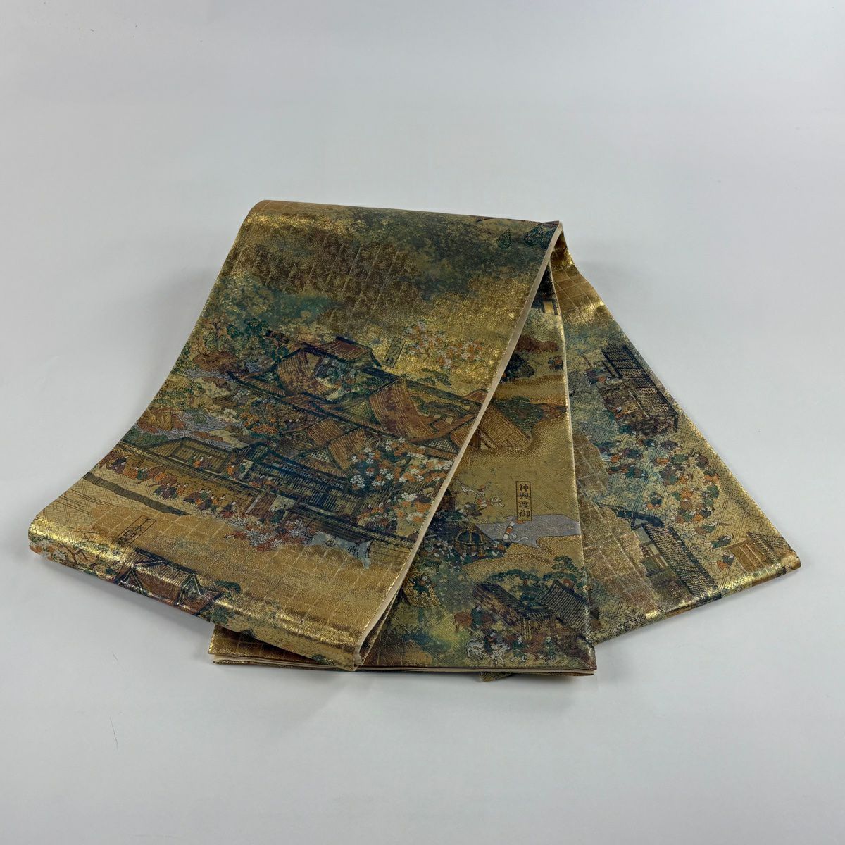 【美品】 袋帶 秀品級 洛中洛外圖 金金箔 金色 大鼓圖案 純蠶絲