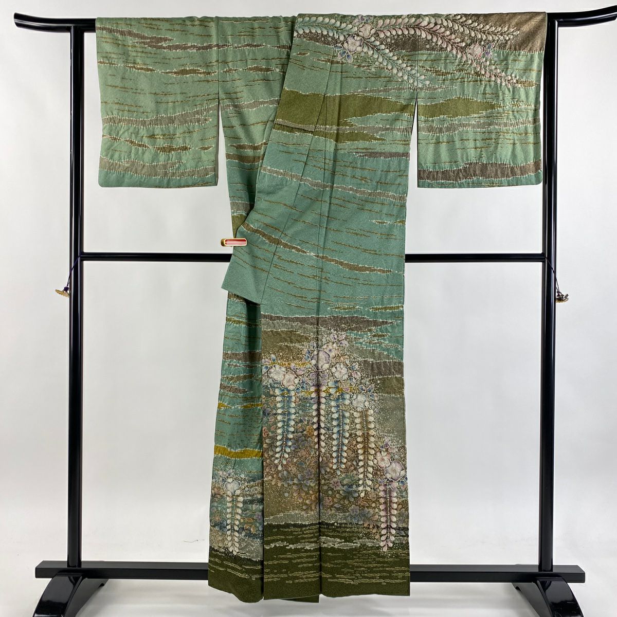 訪問服 身長159cm 袖長65.5cm M 雙層 翠山工房 落款あり 辻花染 霞 金通し 金銀彩 綠 純蠶絲 逸品級