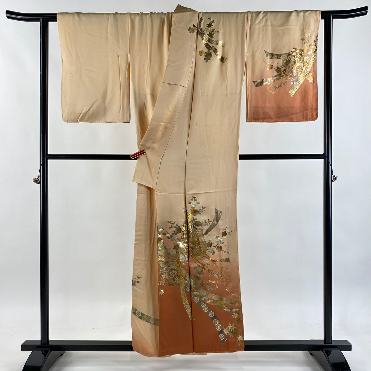 訪問服 身長156cm 袖長63cm S 雙層 和田光正 落款あり 御所車 草花紋紋 金銀彩 漸變 薄橙色 純蠶絲 逸品級