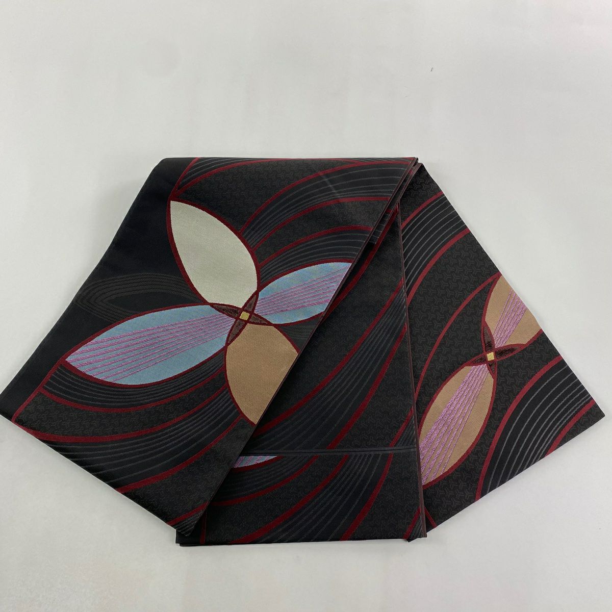 【美品】 袋帶 逸品級 じゅらく 落款あり 証紙あり 帝王紫 毛絨風 花 幾何學 金絲 墨色 大鼓圖案 純蠶絲