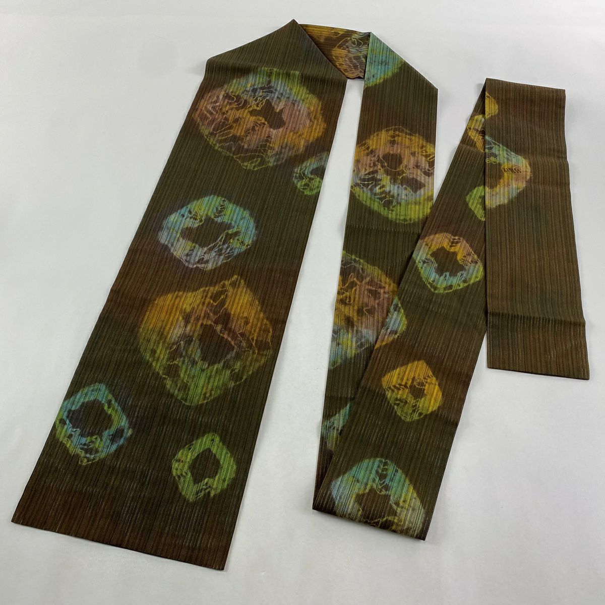 【美品】 名古屋帶 逸品級 夏帶 幾何圖案 茶綠 純蠶絲