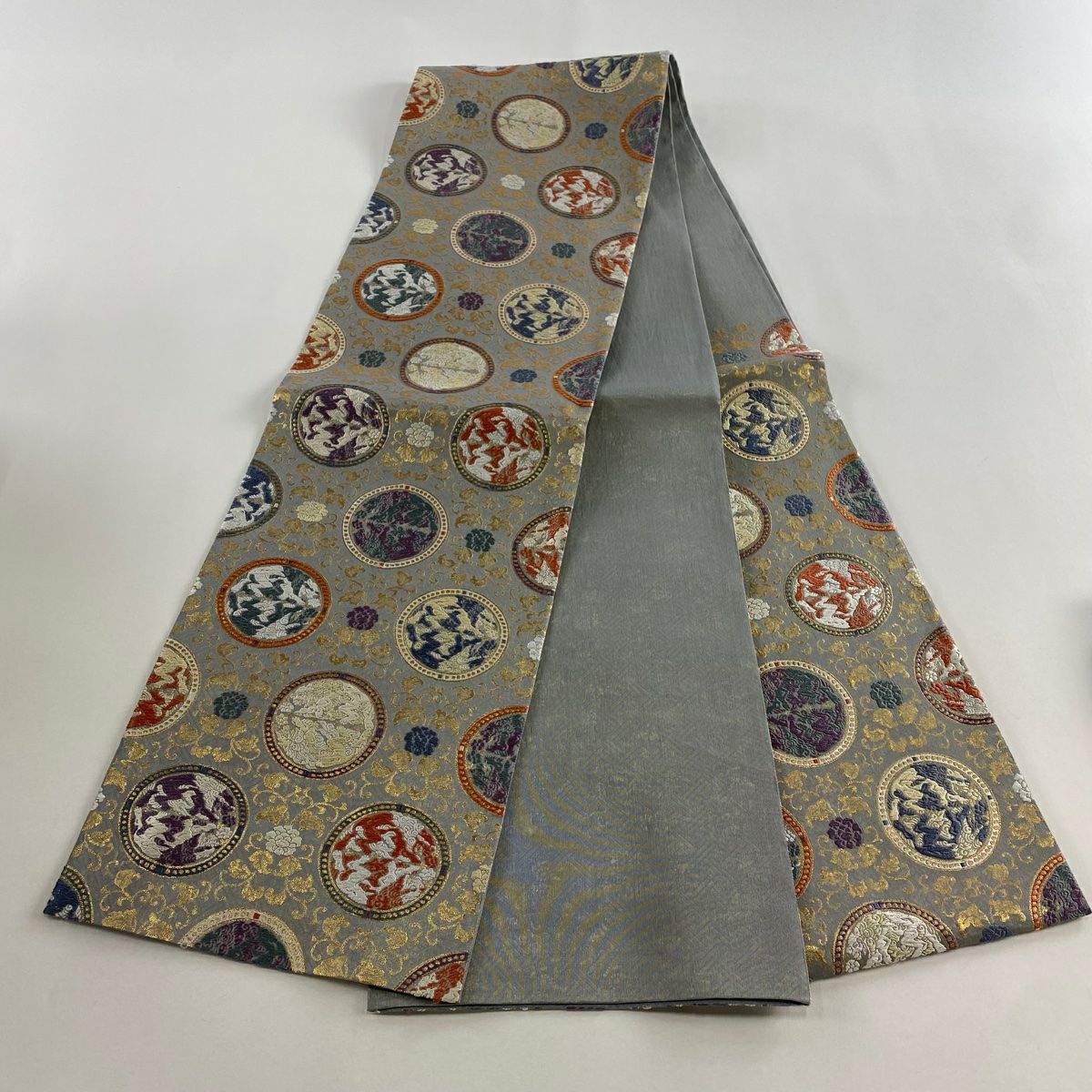 袋帶 秀品級 圓文 花唐草紋 刺繡 金金箔 灰 深藍 六通 純蠶絲