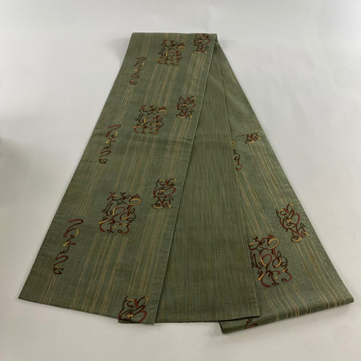 【美品】 袋帶 秀品級 文字文 縞 茶綠 六通 純蠶絲