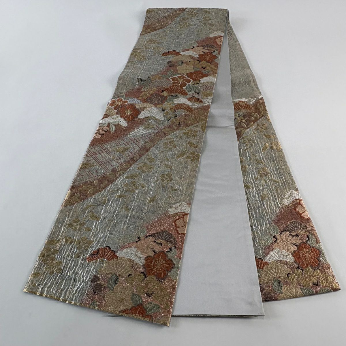 【美品】 袋帶 秀品級 辻花染圖案 松樹 金絲 金金箔 銀 六通 純蠶絲