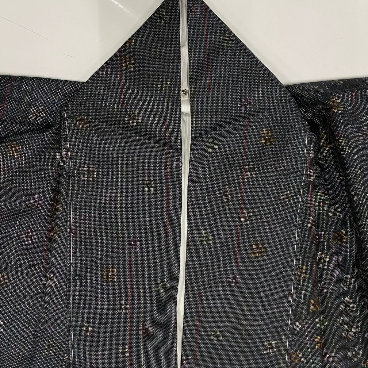 【美品】 紬織 身長156.5cm 袖長65.5cm M 雙層 花 縱條 灰紫 純蠶絲 秀品級