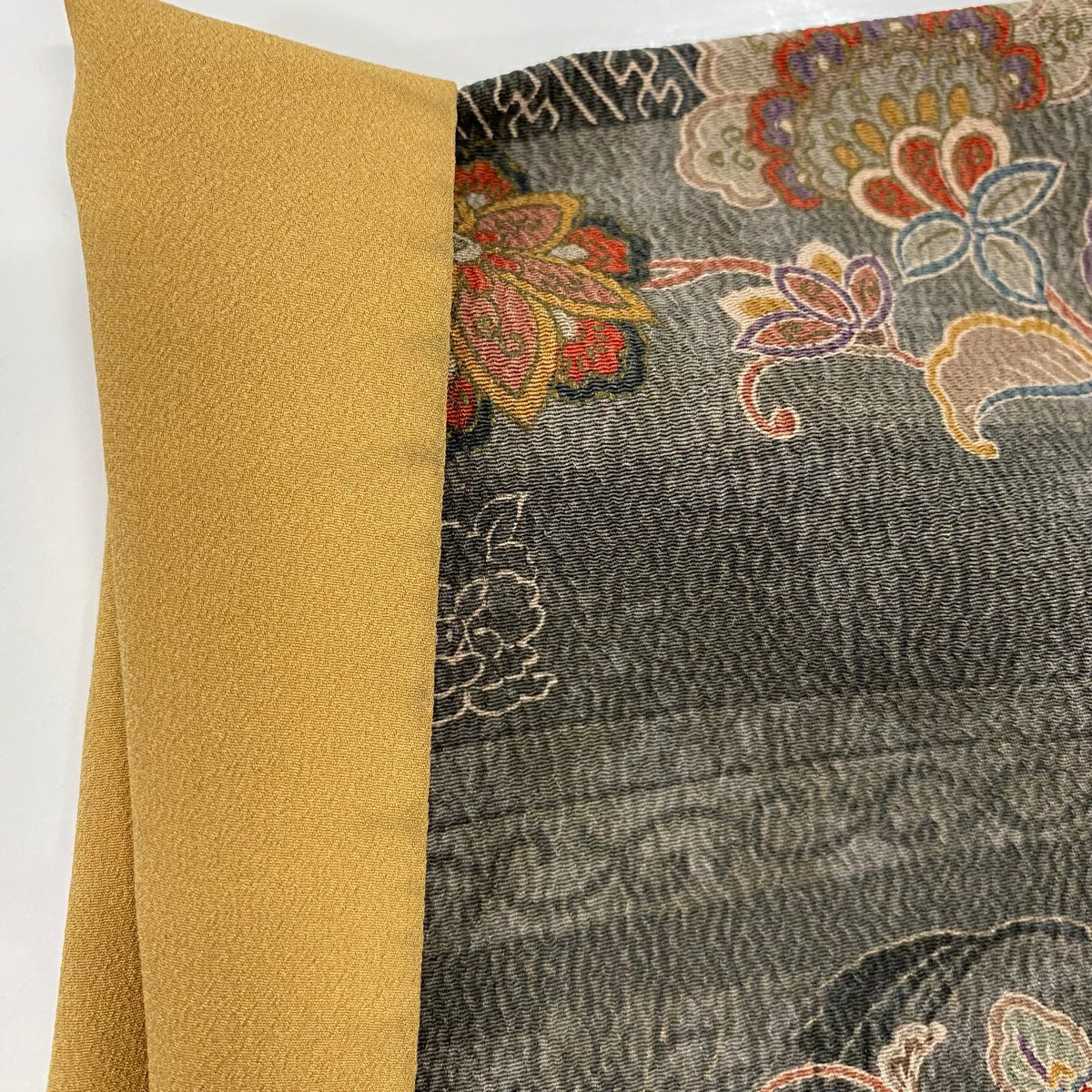 小紋 身長154.5cm 袖長61.5cm S 雙層 花唐草紋 段縞 縮緬 紅茶 純蠶絲 秀品級