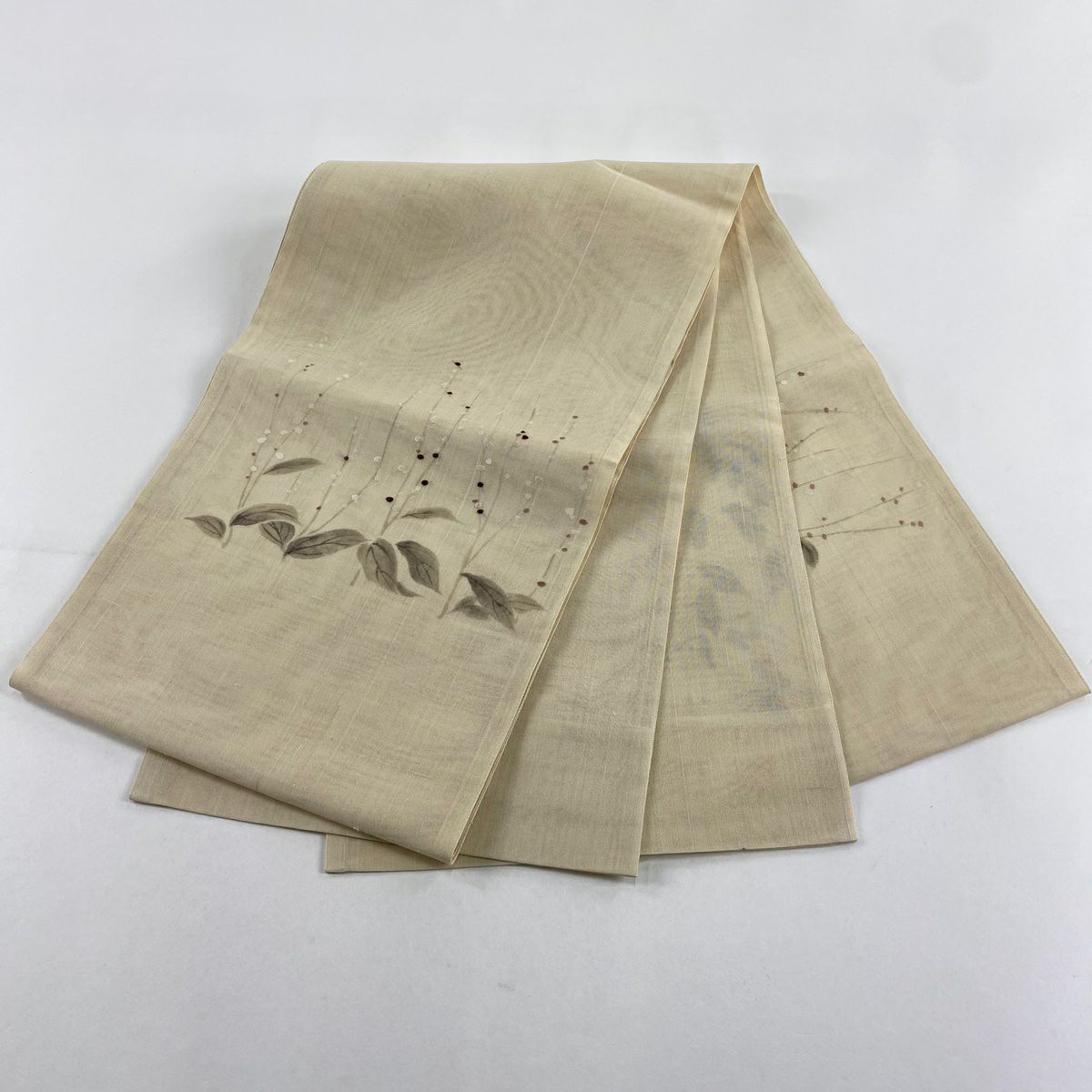 袋帶 秀品級 夏帶 紗 草花紋刺繡 米色 お太鼓圖案 純蠶絲