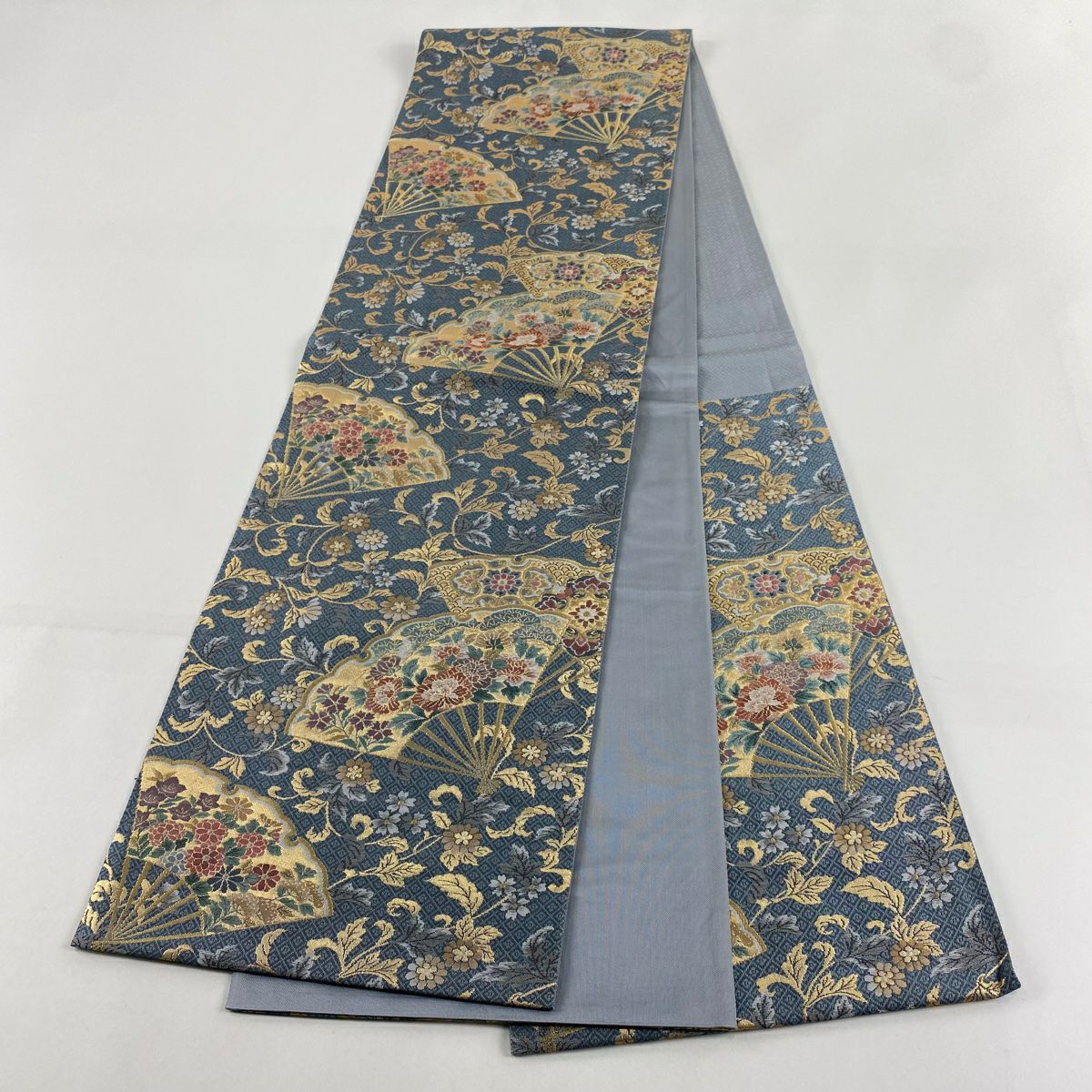 【美品】 袋帶 秀品級 扇子 草花紋 金金箔 青灰 深藍色 六通 純蠶絲