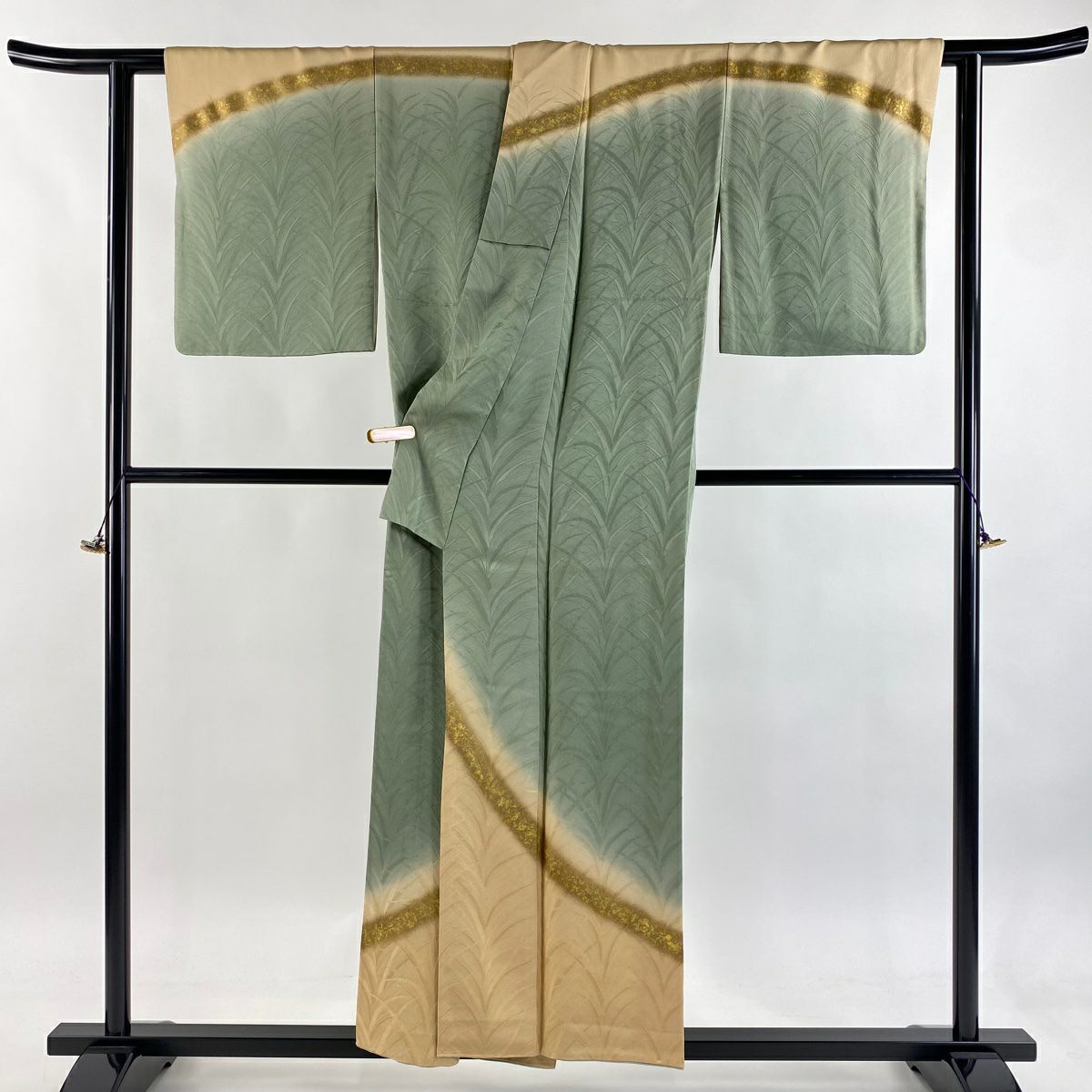 訪問服 身長154.5cm 袖長62.5cm S 雙層 北出與三郎 落款あり 地紋 染分 金銀彩 灰綠 純蠶絲 逸品級