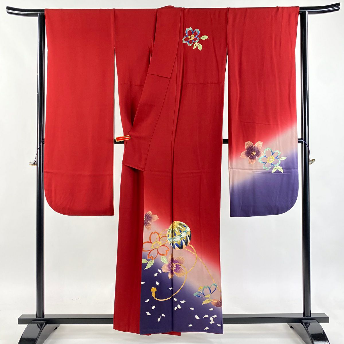 振袖禮服 身長157.5cm 袖長67cm M 雙層 和田光正 落款あり 手鞠 櫻花 金銀彩 漸層 紅 純蠶絲 逸品級