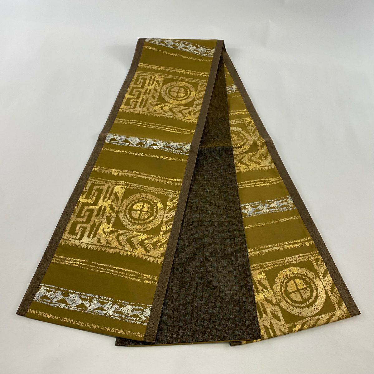 【美品】 袋帶 名品級 幾何學 金銀彩 山吹茶 純蠶絲