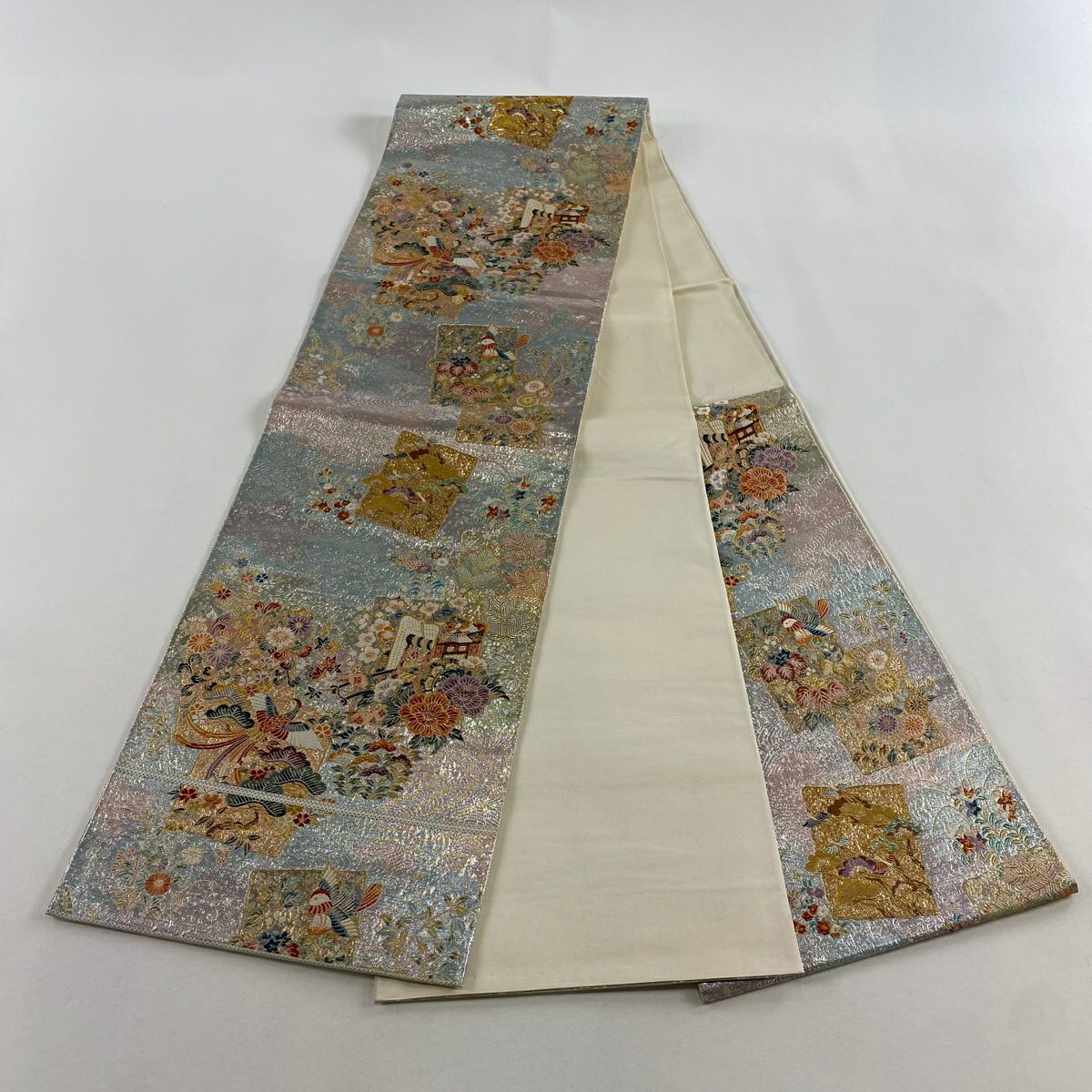 【美品】 袋帶 秀品級 關西仕立 御所車 花鳥 金糸 金金箔 淺粉色 六通 純蠶絲