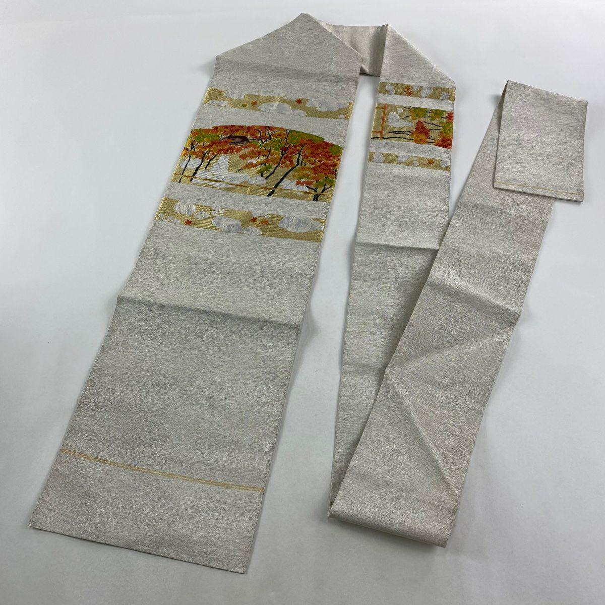 名古屋帶 秀品級 八寸名古屋帶 紅葉 家屋 金銀彩 金 純蠶絲